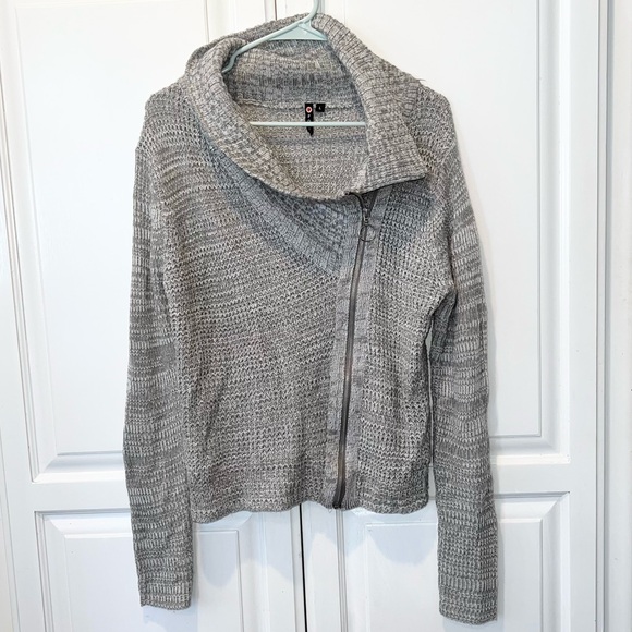 POOF! Gray Asymmetrical Zip Sweater Foldover Collar Moto Knit L - Picture 2 of 5